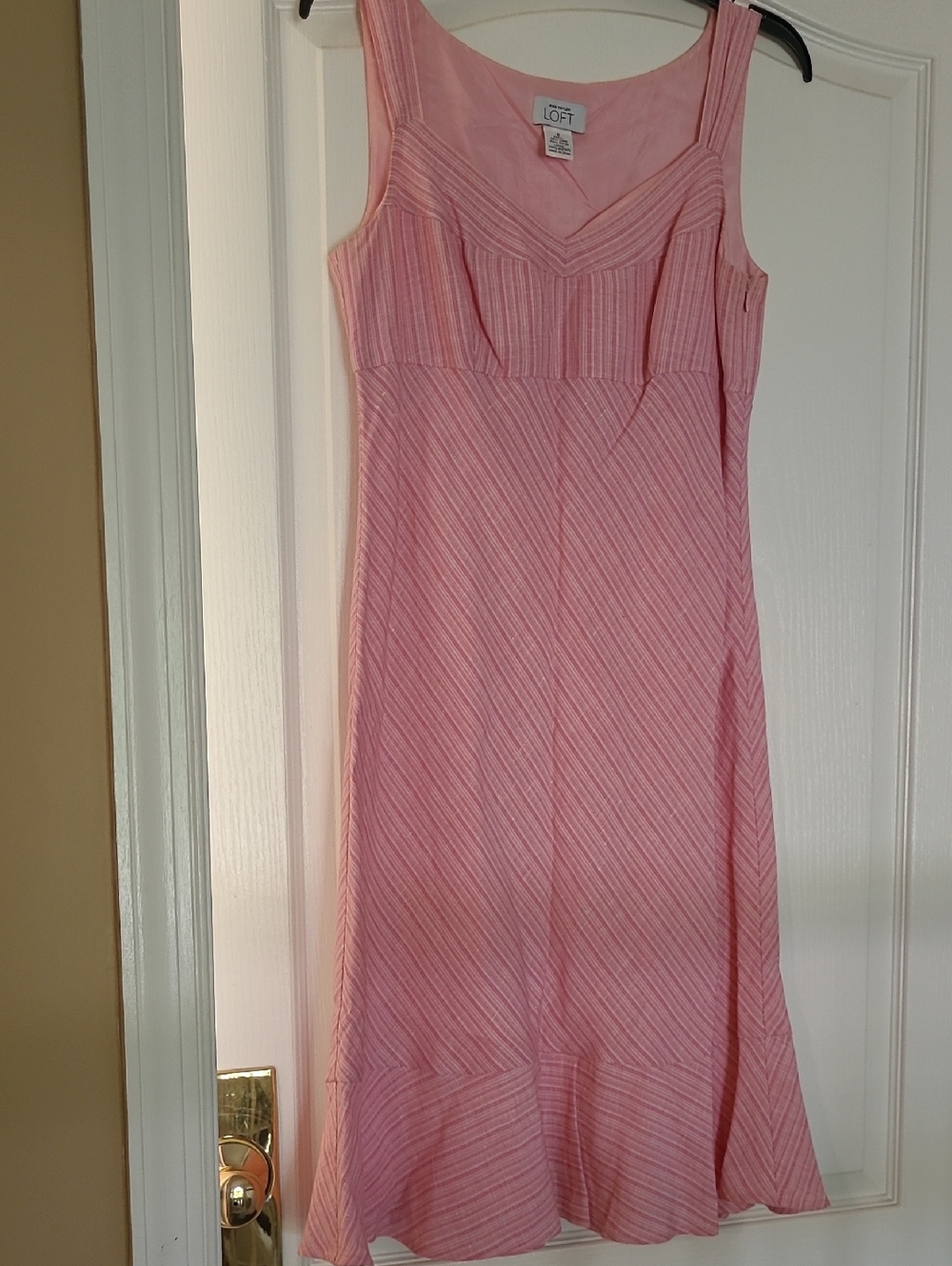 LOFT Size 6 Pink Linen & Rayon Blend Striped Midi A-Line Dress